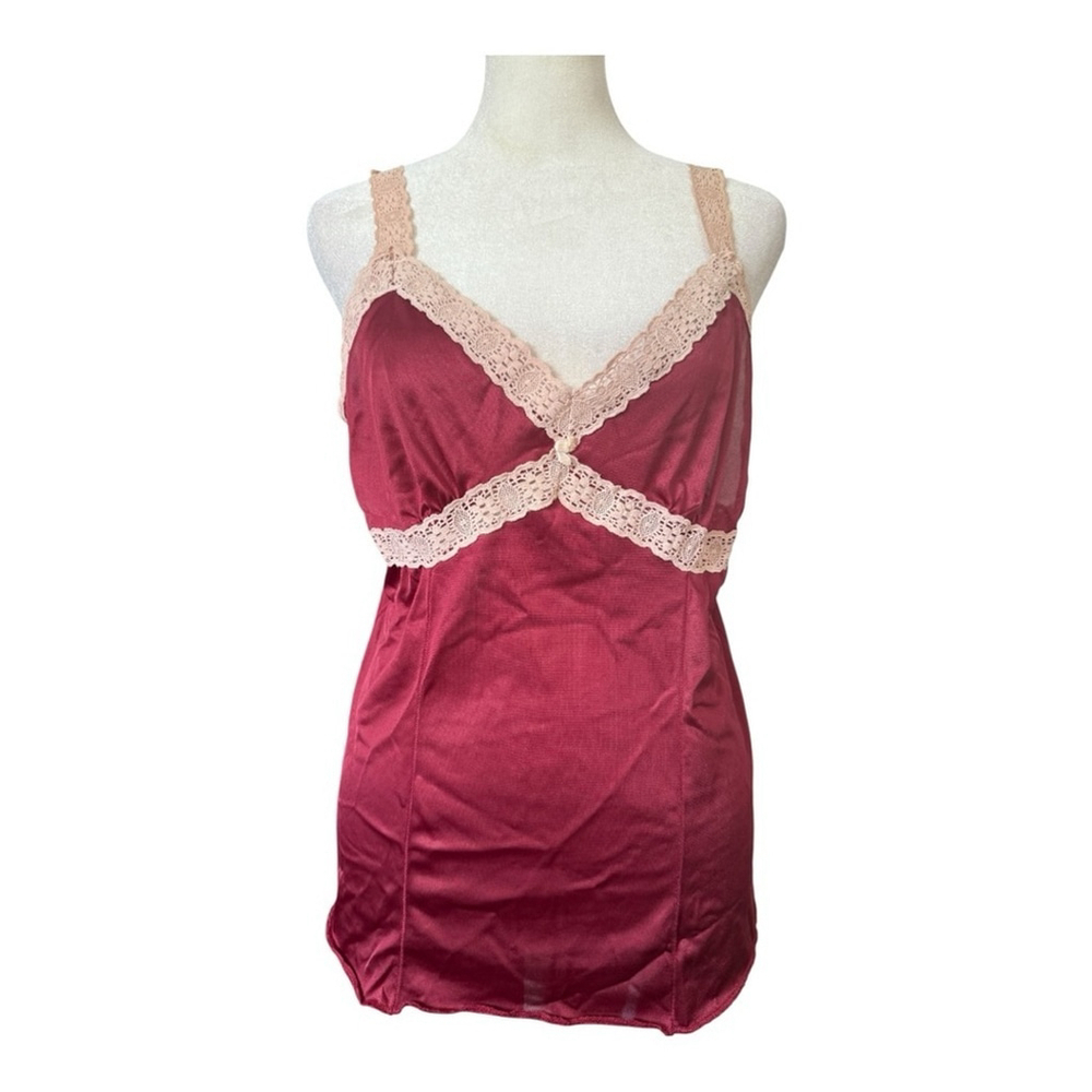 Active Seller!! Vintage Burgandy/Ox Blood Cream Lace Trim Satin Slip Top